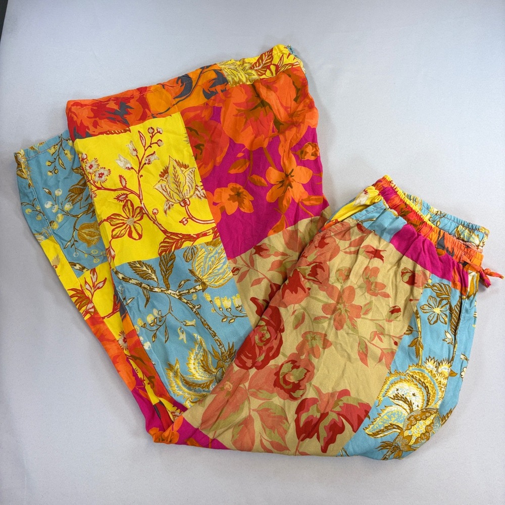 Christian Siriano Patchwork Floral Wide Leg Pants Womens L Rayon Boho Festival